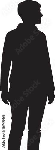 Black silhouette of a person wearing a hat and long coat standing sideways human white
