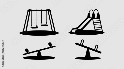 a simple illustration depicts a playground with a swing set slide seesaw and teeter totter in black outlines on a white background high quality professional detailed