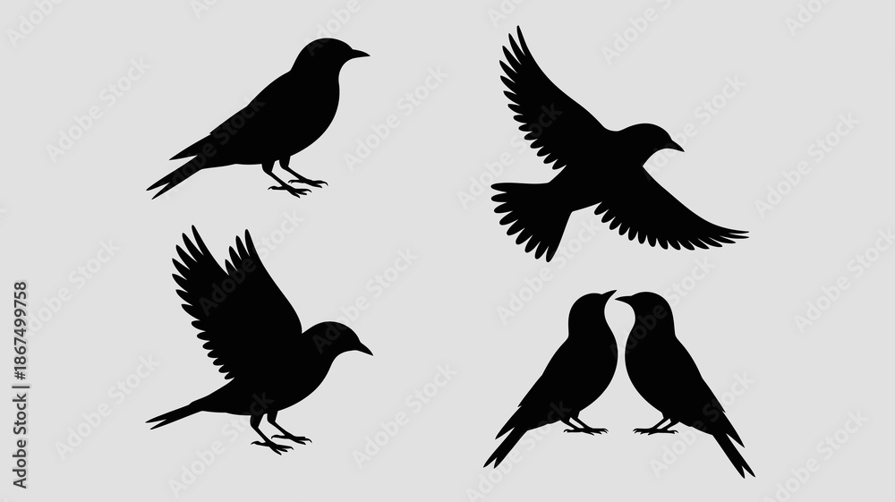 Obraz premium a collection of black bird silhouettes displays various poses including standing flying and facing each other against a plain light gray background high quality professional detailed