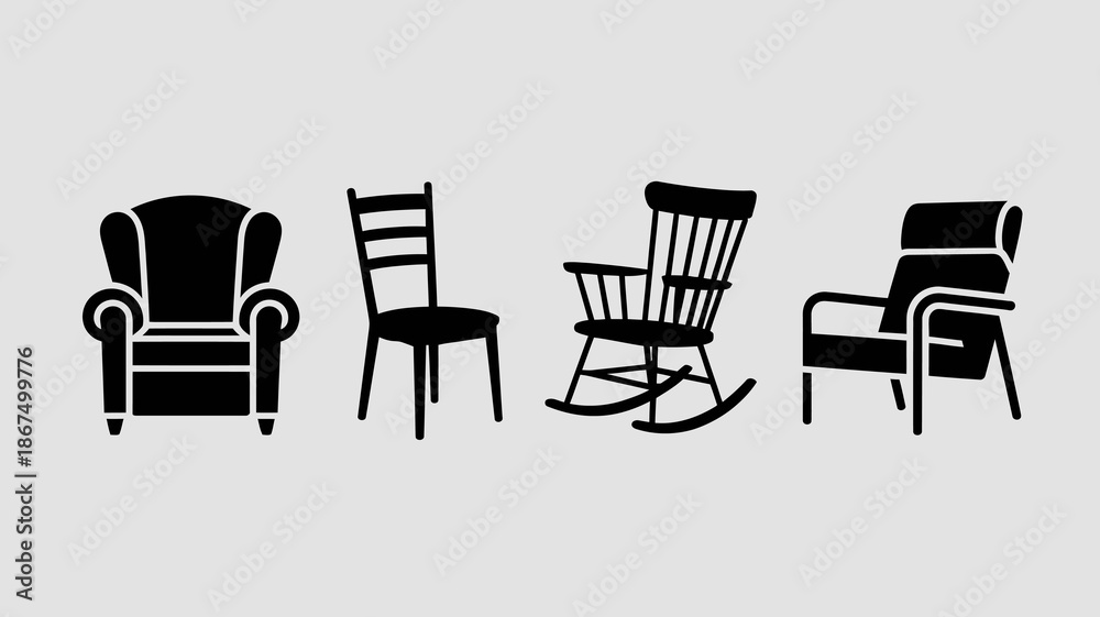 Fototapeta premium a collection of silhouetted furniture items including an armchair dining chair rocking chair and modern chair arranged horizontally in a row high quality professional detailed elegant