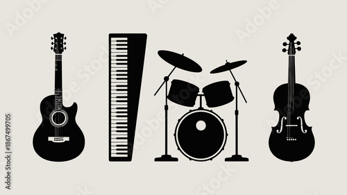 a minimalist illustration showcases a collection of musical instruments including a guitar keyboard drum set and violin arranged horizontally high quality professional detailed modern elegant stylish
