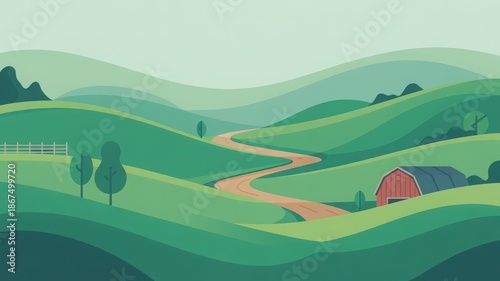 A serene landscape with rolling hills and a red barn in a minimalist vector illustration from a distant viewpoint