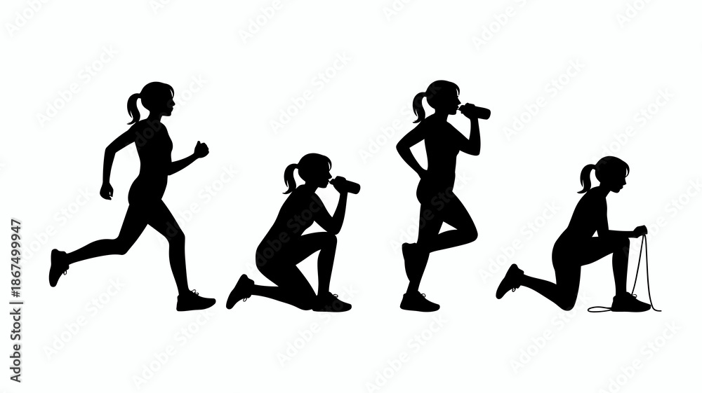Obraz premium a silhouette depiction of women engaging in various athletic activities such as running drinking and stretching exercises high quality professional detailed modern elegant stylish clean crisp