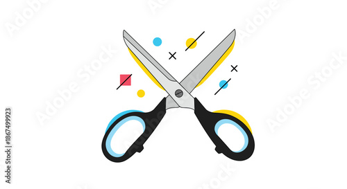 Pair of open scissors with black handles surrounded by colorful dots and lines in a playful graphic design on white.