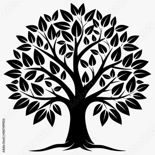 Tree silhouette with leaves in black and white graphic style on white background for nature and growth themes