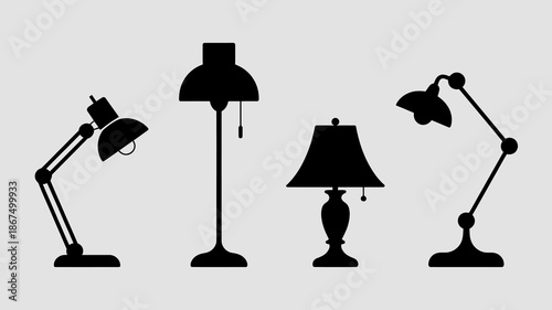 a minimalist composition featuring four distinct black silhouette lamps against a pale gray background showcasing various designs and styles of illumination high quality professional detailed modern