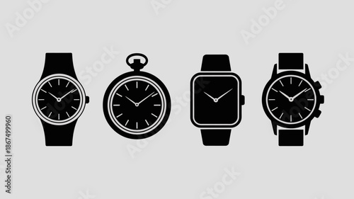 a collection of four different timekeeping devices is presented including a classic wristwatch a pocket watch a modern smartwatch and a chronograph high quality professional detailed