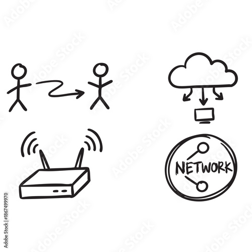 Hand Drawn Doodles Icon Set of Network, Cloud Computing and Data Communication