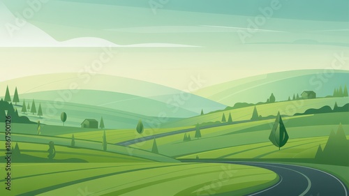 A serene landscape with a winding road through rolling hills and lush greenery in a modern flat vector illustration