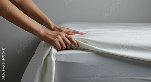 Hands smoothing a white bedsheet preparing a comfortable and inviting sleeping surface