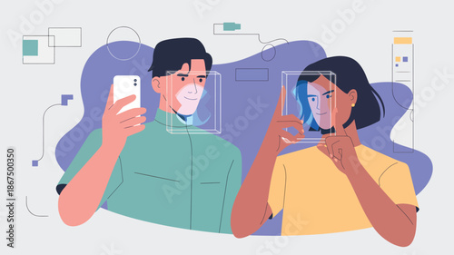Man and woman using phones for facial recognition technology smartphone