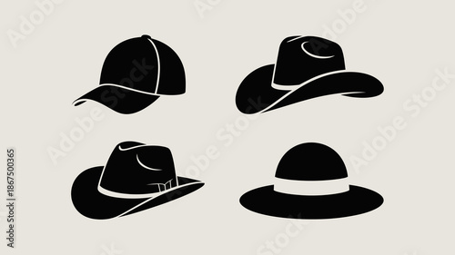 a minimalist depiction showcases four distinct black silhouettes of hats including a baseball cap cowboy hat fedora and bowler hat against a neutral backdrop high quality