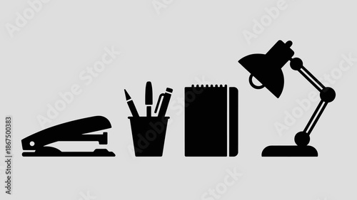 a minimalist illustration depicting common office supplies including a desk lamp stapler pencils pen holder and a notepad set against a light grey backdrop high quality