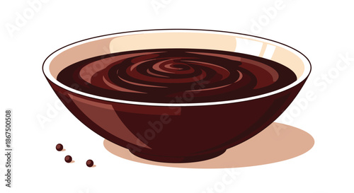 Smooth dark chocolate sauce or pudding in a ceramic bowl with small chocolate droplets beside it on white background.