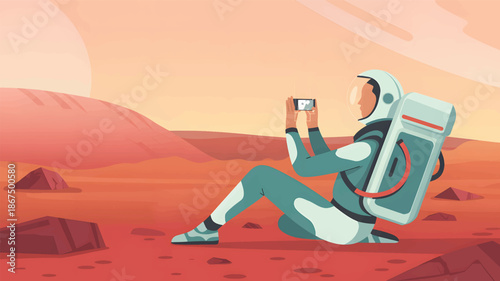 Astronaut taking on Mars with a smartphone in a red desert landscape space exploration, alien planet