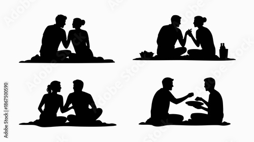 a collection of simple black silhouettes depicting couples enjoying outdoor activities like picnics and shared meals together in nature high quality professional detailed modern elegant stylish