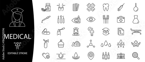 Medicine and Health icon.  Medical care service symbol collection. Editable stroke. Vector illustration