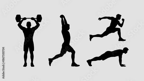 a series of black silhouettes depict diverse athletic activities including weightlifting lunging sprinting and a plank exercise high quality professional detailed modern elegant stylish clean crisp