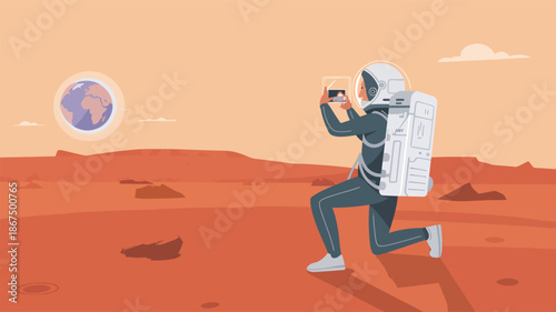 Astronaut taking off from Earth to the Mars surface with rocky terrain space planet des
