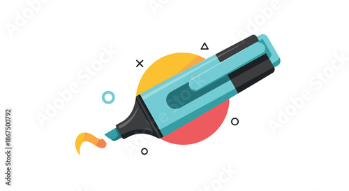 Blue highlighter marker pen with a yellow stroke on a background of abstract colorful shapes and line icons on white.