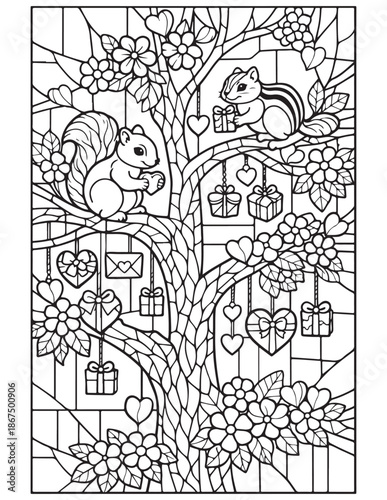 Cute squirrels sharing love and gifts in a charming stained-glass style tree