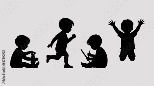 a silhouette illustration depicts stages of childhood growth showing a baby crawling a toddler running and a child jumping happily high quality professional detailed modern elegant