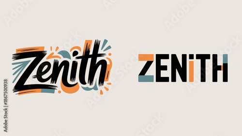 a side by side comparison showcases the word zenith represented in two distinct typographic styles one colourful and playful the other minimalistic high quality professional detailed
