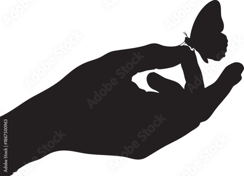 Black silhouette of a woman with a butterfly resting on her head and hand extended forward white