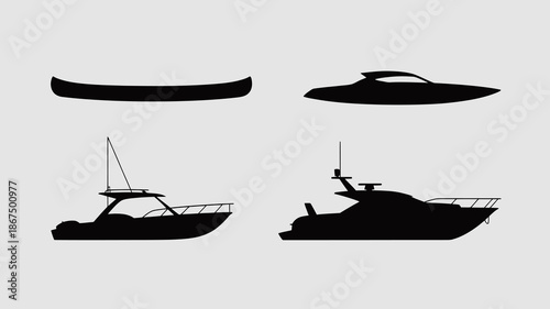 a minimalist depiction showcasing silhouettes of various watercraft including a canoe sailboat speed boat and a yacht against a light background high quality professional detailed modern