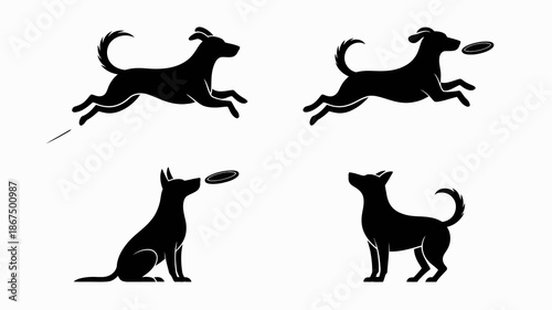 Silhouettes of playful dogs in various action poses jumping and catching a frisbee showcasing energetic canine activity high quality professional detailed modern elegant stylish clean crisp