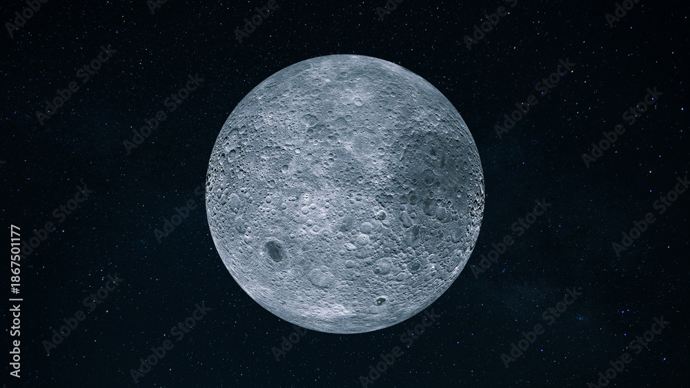 Fototapeta premium high-resolution view of the Moon’s cratered surface against a dark, starry cosmos. detailed highlights lunar topography, impact craters, lunar landscape. Far Side of Moon