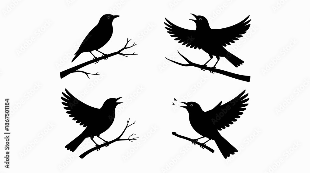 Obraz premium a minimalist illustration depicts four black silhouettes of birds in varying poses perched on slender branches showcasing flight and rest high quality professional detailed modern elegant