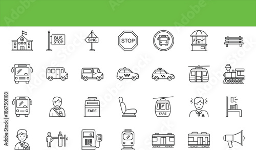 Vector Black Outline Icon Set Featuring Buses Trains Taxis Stations and Transportation Signage for Urban Public Transit and Commuting Projects