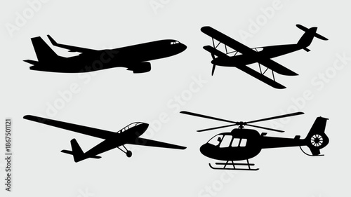 a minimalist depiction showcases silhouettes of various aircraft including a jet a small propeller plane and a helicopter against a white background high quality professional detailed