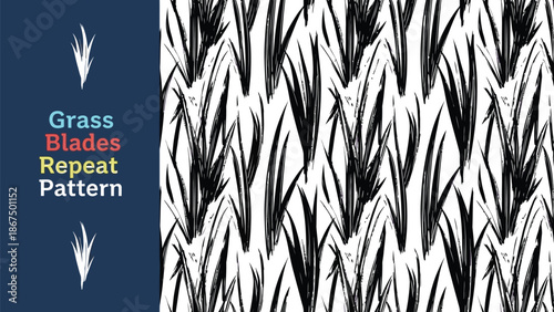 Black outline grass blade abstract seamless pattern