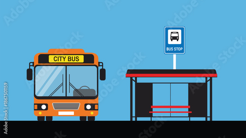 Vector Illustration of an Orange City Bus Parked at a Modern Bus Stop Shelter with Road Sign and Blue Background