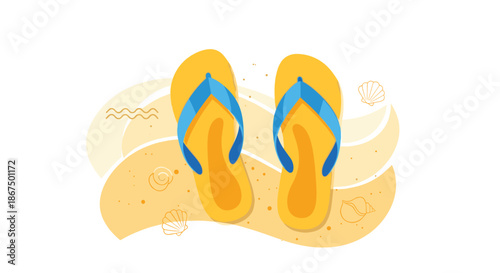 Pair of yellow and blue flip flops resting on stylized beach sand with seashells against a white background for summer.