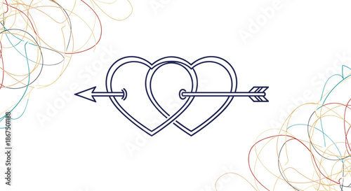 Line art illustration of two intertwined hearts pierced by a single arrow with abstract colorful lines in the corners.