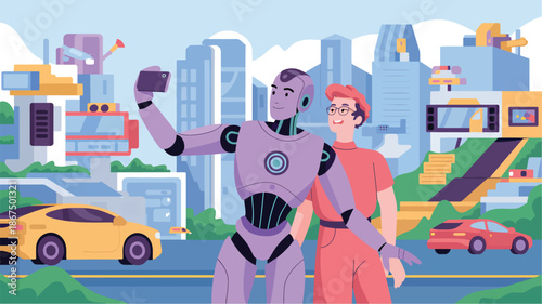 Robot and man taking a selfie with a futuristic city background smartphone