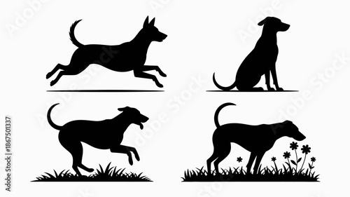 A collection of minimalist black silhouettes depicting four distinct dog poses running sitting jumping and sniffing flowers high quality professional detailed modern elegant stylish clean crisp