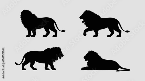 a collection of four black silhouettes depicting majestic male lions in various poses showcasing their powerful forms and regal manes high quality professional detailed modern elegant