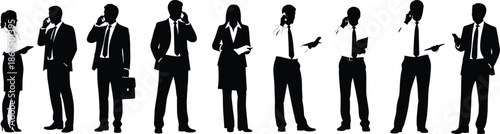 Silhouettes of business professionals in corporate attire with phones, briefcases, and documents, symbolizing communication, teamwork, and modern professionalism