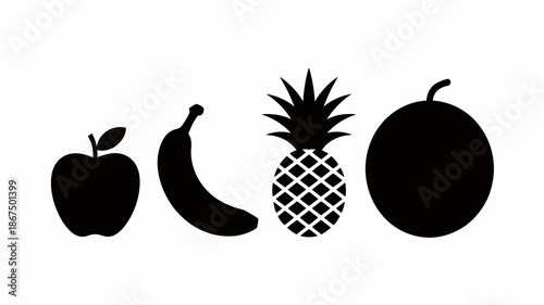 a simple graphic depiction showcases a variety of fruits including an apple banana pineapple and watermelon all in black silhouette style high quality professional detailed modern