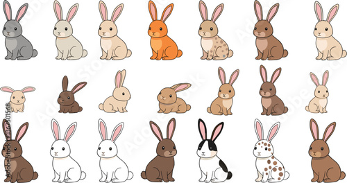 Cute cartoon rabbit and bunny characters collection vector illustration with different colors and poses isolated on white background