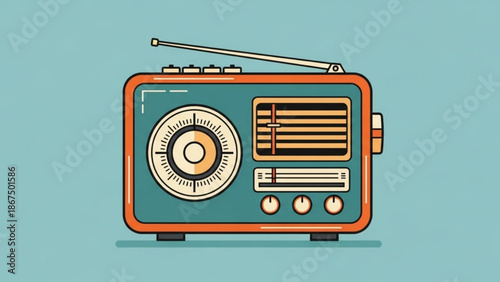 Vintage teal and orange retro radio with antenna and dials on a plain background