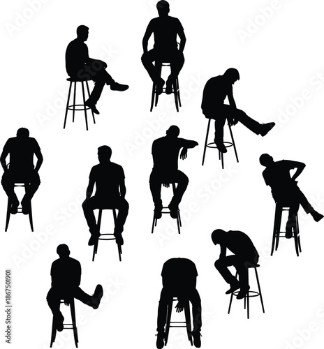 Seated posture silhouette illustration set, stool pose variations, body language study, cad drawing flat vector artwork