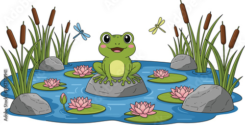 Cute cartoon frog sitting on pond rock with water lilies and reeds vector illustration isolated on white background