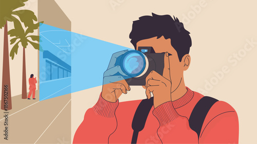 Person holding camera taking of building with palm trees taking building architecture