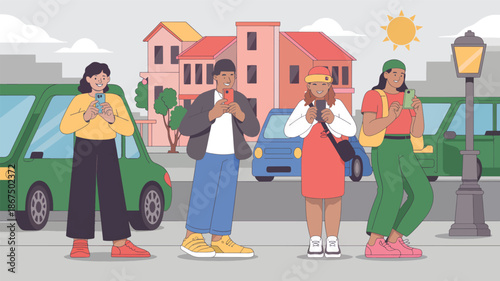 Four people holding smartphones standing on a street with cars and buildings, mobile phone urban