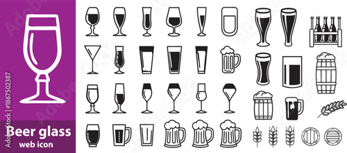 Beer glass,beer glass set.drink pub and brewery editable stroke outline icons set 
